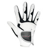 A close-up view of a white golf grip glove with black accents on the palm and fingers.