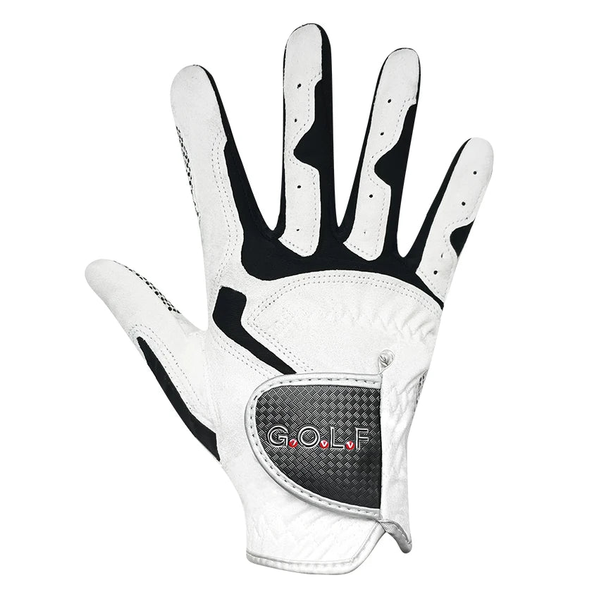 A close-up view of a white golf grip glove with black accents on the palm and fingers.