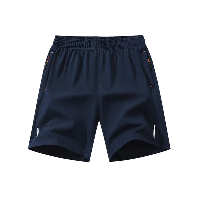 Navy blue men's lightweight quick-dry running shorts shown flat lay
