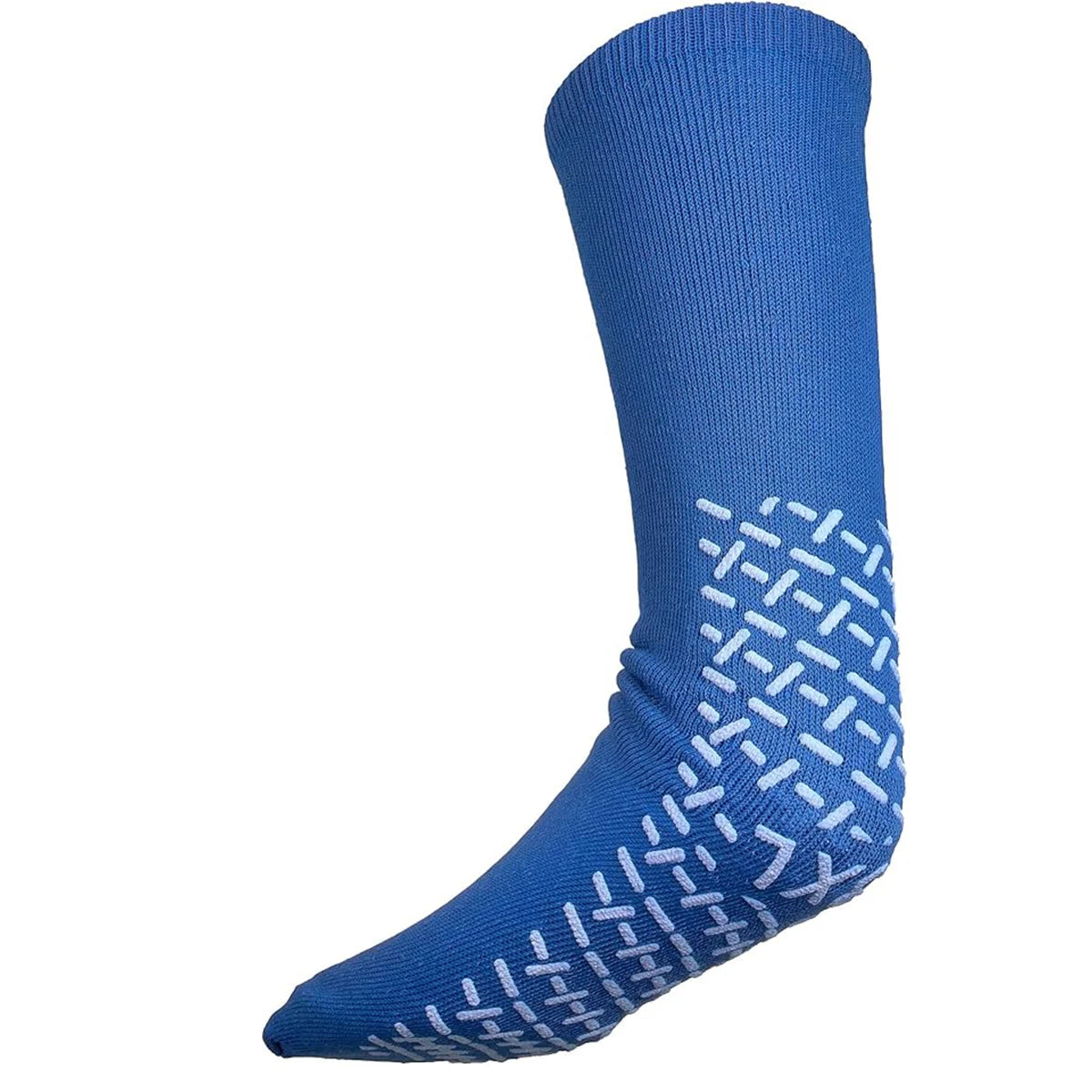 Primer plano de un calcetín hospital extra ancho y antideslizante azul real.
