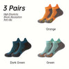 Three pairs of high elasticity anti-slip ankle socks in orange, dark green, and green.