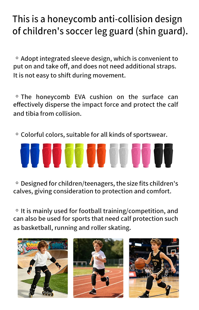 A set of colorful lightweight soccer shin guards for children, shown in various colors and sizes.
