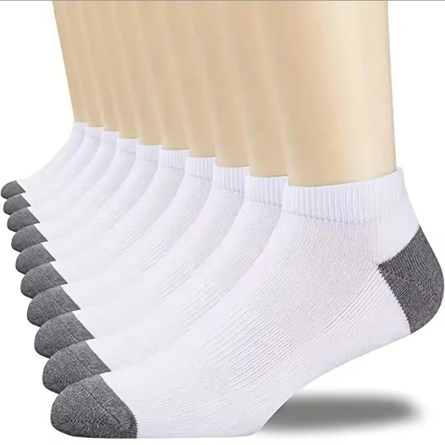 A set of ten white and gray ankle socks displayed on a mannequin leg.