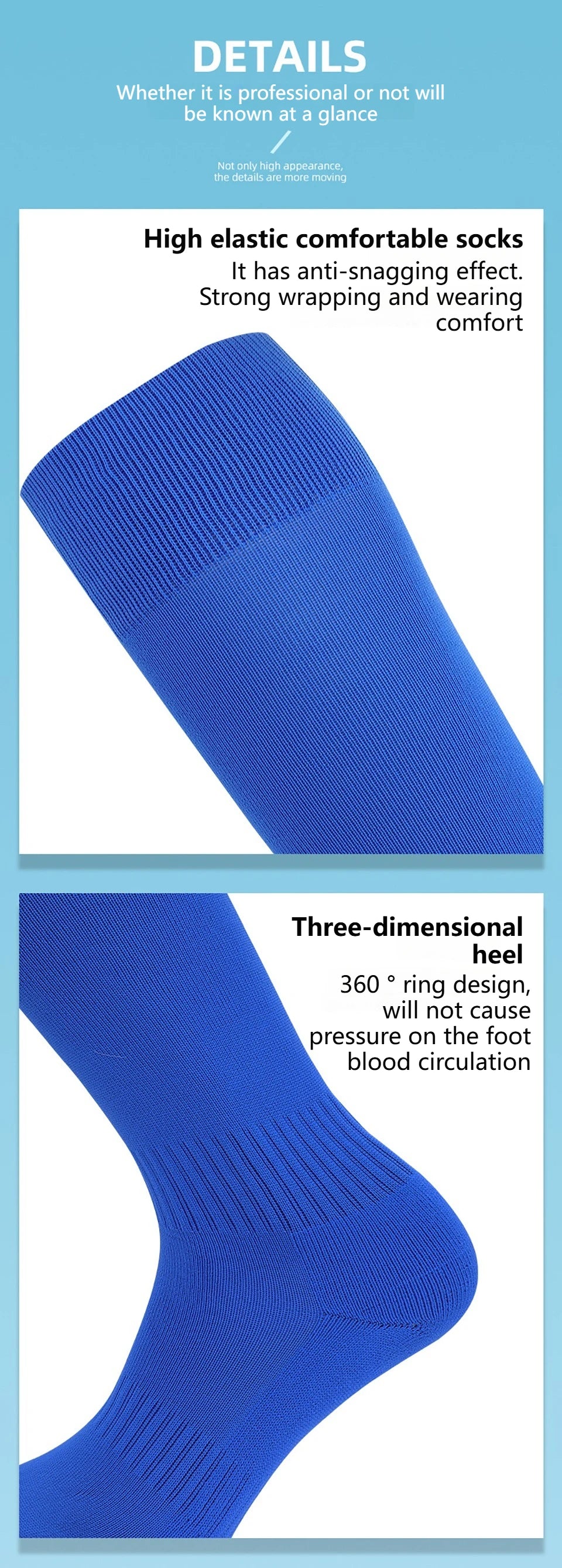 Nahaufnahme eines blauen elastischen Knielangenstrumpfes, der die Stofftextur und Designdetails zeigt.