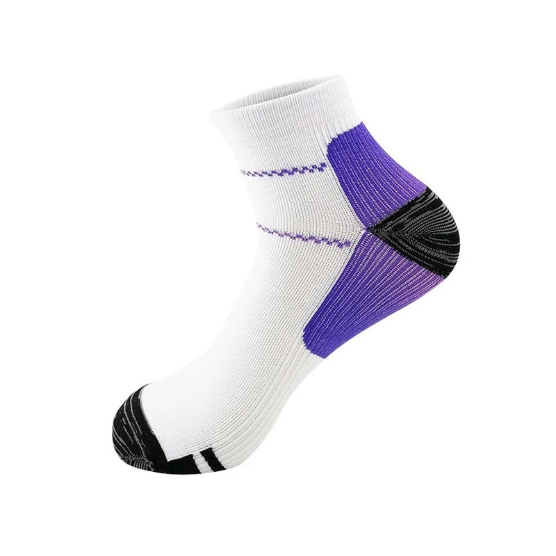 White ankle compression socks with purple and black stripes