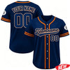 Navy blue personalized men's baseball jersey with orange trim featuring the number 00 and team name