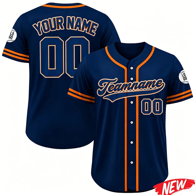Navy blue personalized men's baseball jersey with orange trim featuring the number 00 and team name