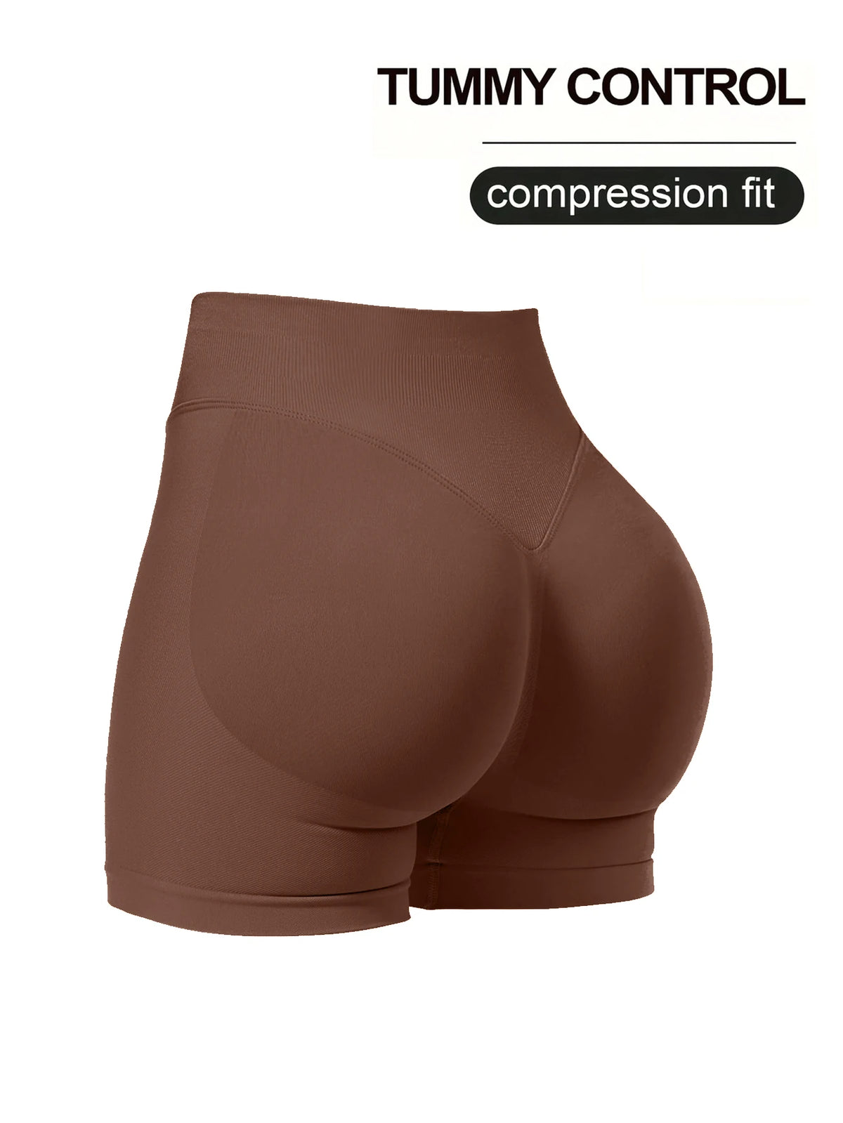 A pair of brown compression fit high-waisted knit fitness shorts.
