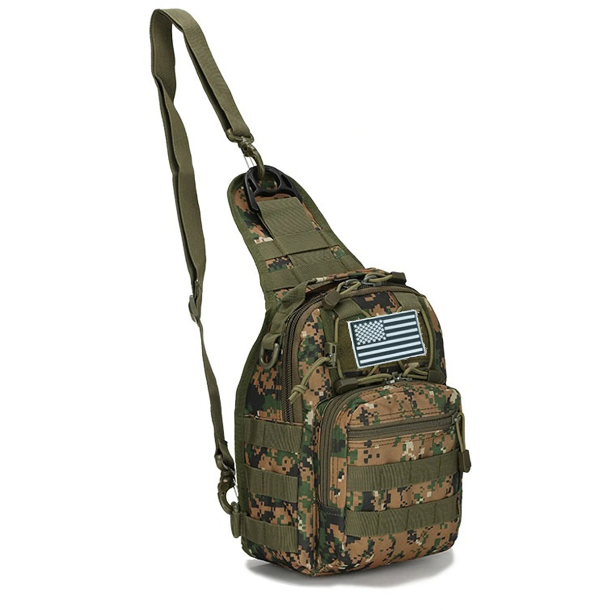 Olive green tactical sling backpack with a US flag patch on the front