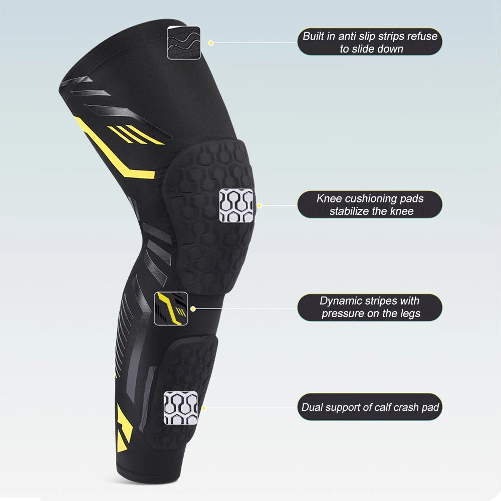 Black padded knee and calf compression sleeve with anti-slip strips and cushioning pads