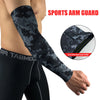 Black sports arm guard sleeve worn on an arm, showing the fabric pattern and silicone anti-slip strip.