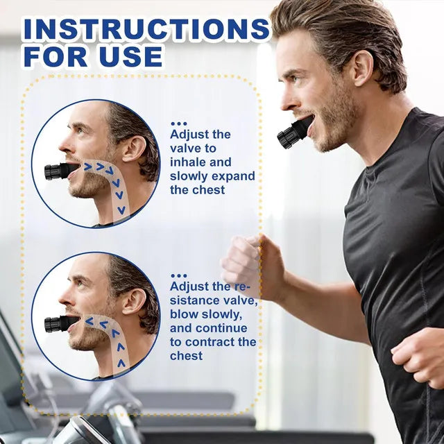 Instructions for use showing a man adjusting a valve to inhale and expand the chest.