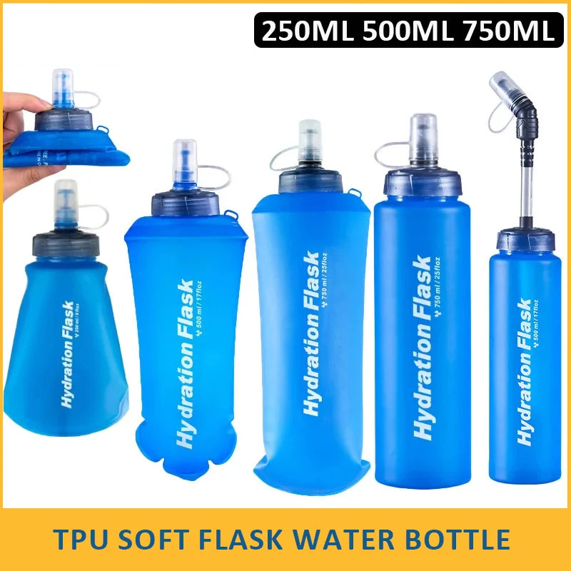 A set of blue TPU soft flasks for hydration, including 250ml, 500ml, and 750ml sizes.