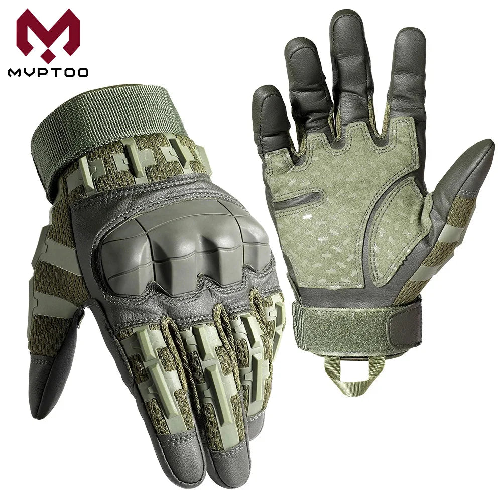 A pair of tactical PU leather finger gloves in olive green and black, shown from the side.