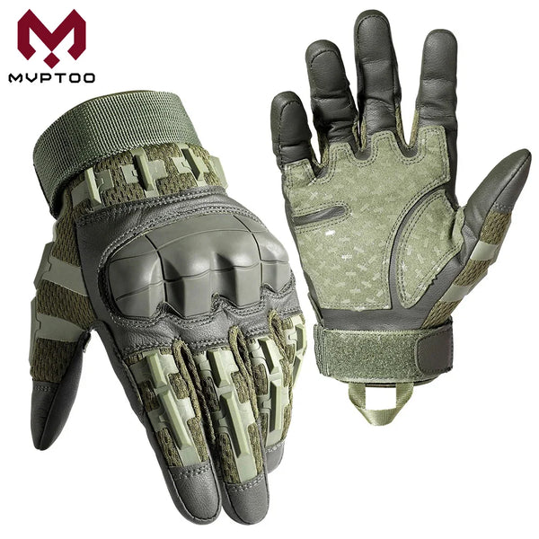 A pair of tactical PU leather finger gloves in olive green and black, shown from the side.