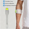 A hand strap tennis elbow brace is shown being applied to an arm for support and compression.