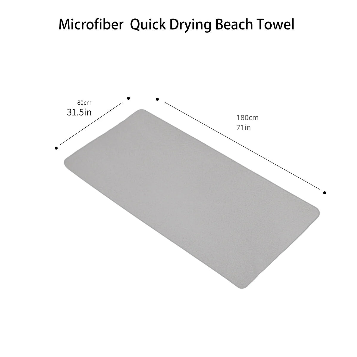 A gray microfiber quick-drying beach towel shown flat with dimensions of 80cm by 180cm.