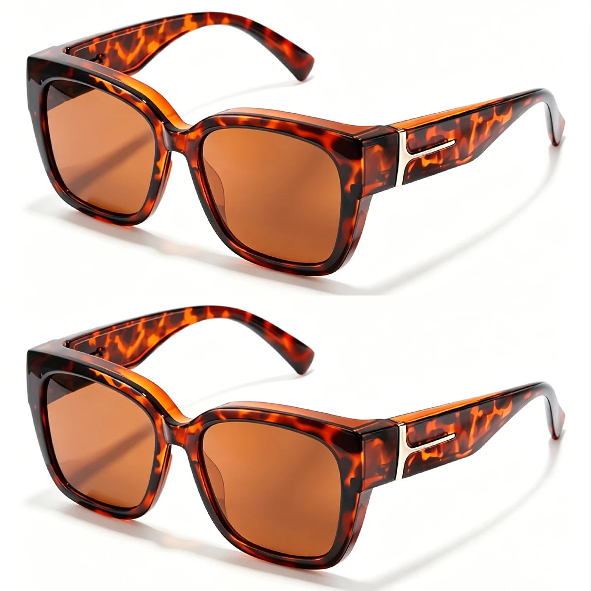 Brown tortoiseshell sunglasses with gold accents shown in a studio shot.