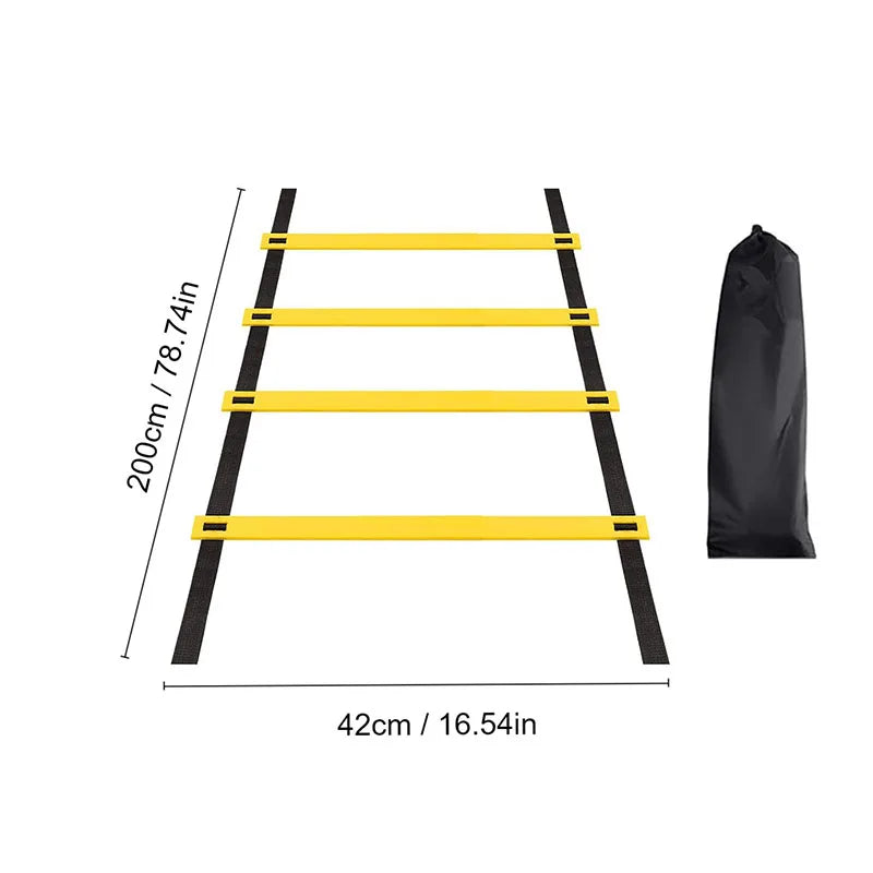 Black agility ladder with yellow rungs and a black carrying bag shown flat.
