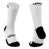 A pair of white cycling socks with black accents shown from the side.