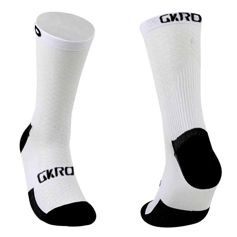 A pair of white cycling socks with black accents shown from the side.