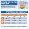 Size chart showing palm circumference and middle finger length for sports gloves sizes M, L, and XL