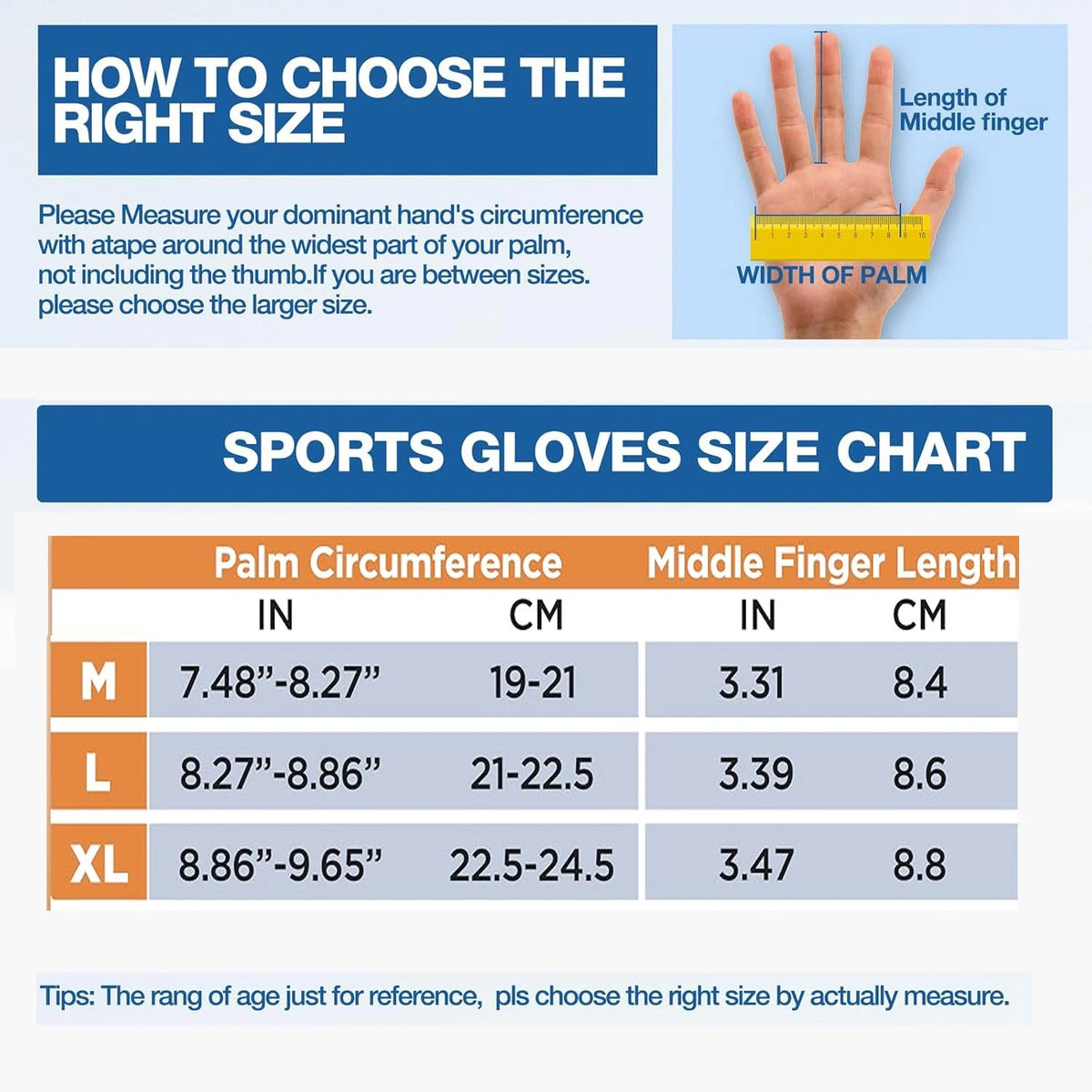 Size chart showing palm circumference and middle finger length for sports gloves sizes M, L, and XL