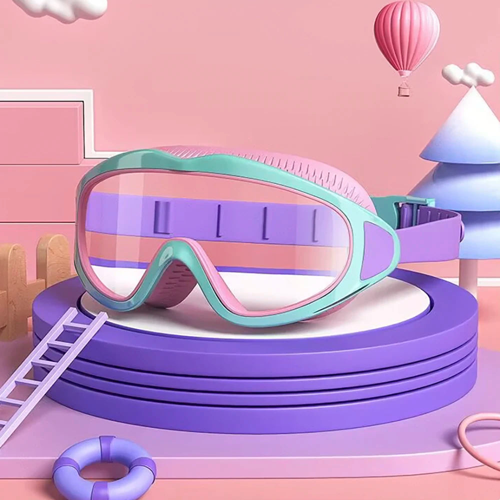 Pink and teal swimming goggles resting on a purple stack, with a pink background and a light blue tree in the background.
