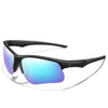 Black sports sunglasses with iridescent blue and purple lenses shown against a white background.