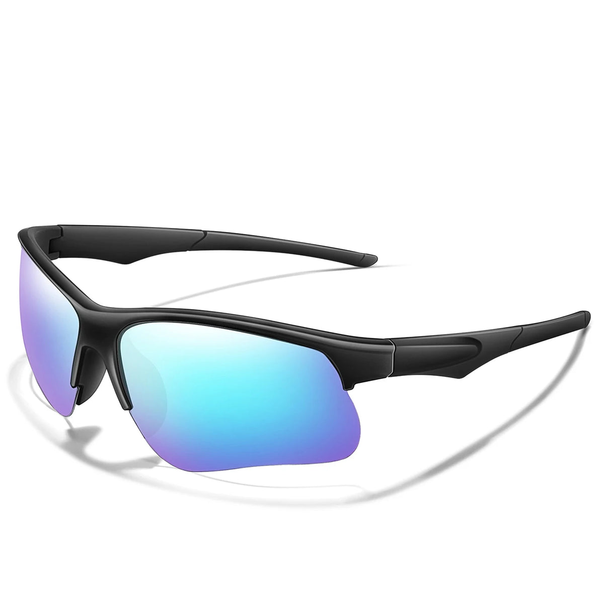 Black sports sunglasses with iridescent blue and purple lenses shown against a white background.