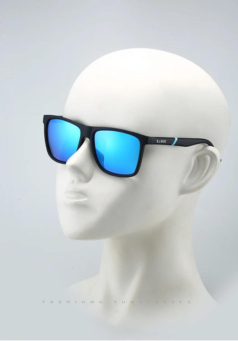 A pair of black sunglasses with blue polarized lenses displayed on a white mannequin head.