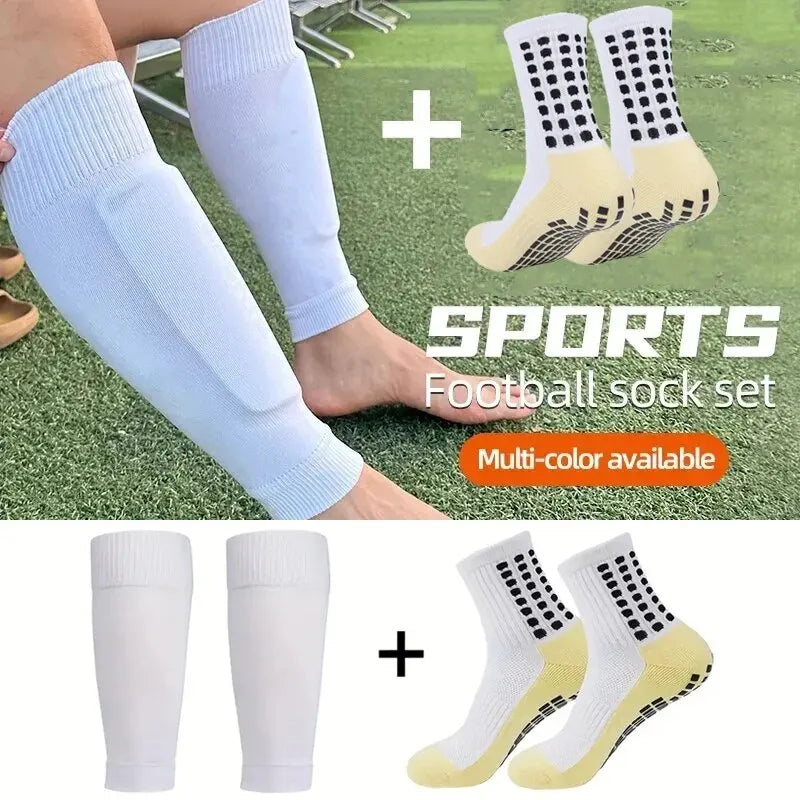 A set of white and yellow sports football socks and knee guards shown on a person's leg.