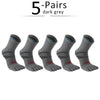 Five pairs of dark grey men's sport compression socks displayed side by side.