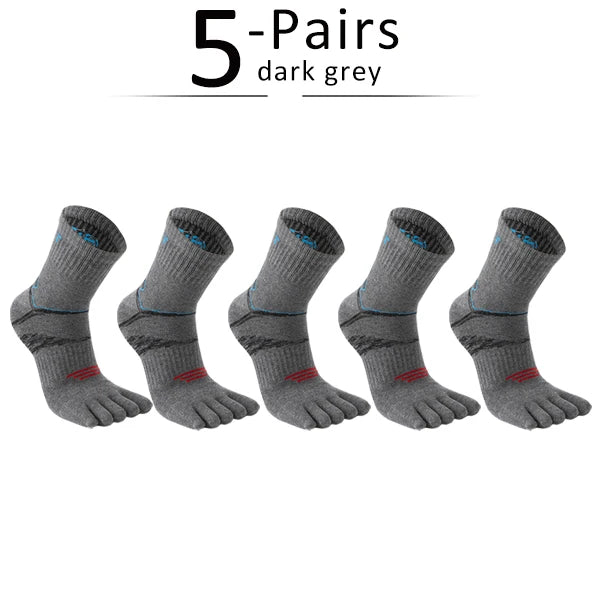 Five pairs of dark grey men's sport compression socks displayed side by side.