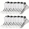 A pack of white breathable men's athletic socks displayed in a row.