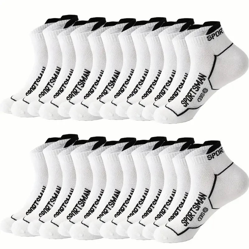 A pack of white breathable men's athletic socks displayed in a row.