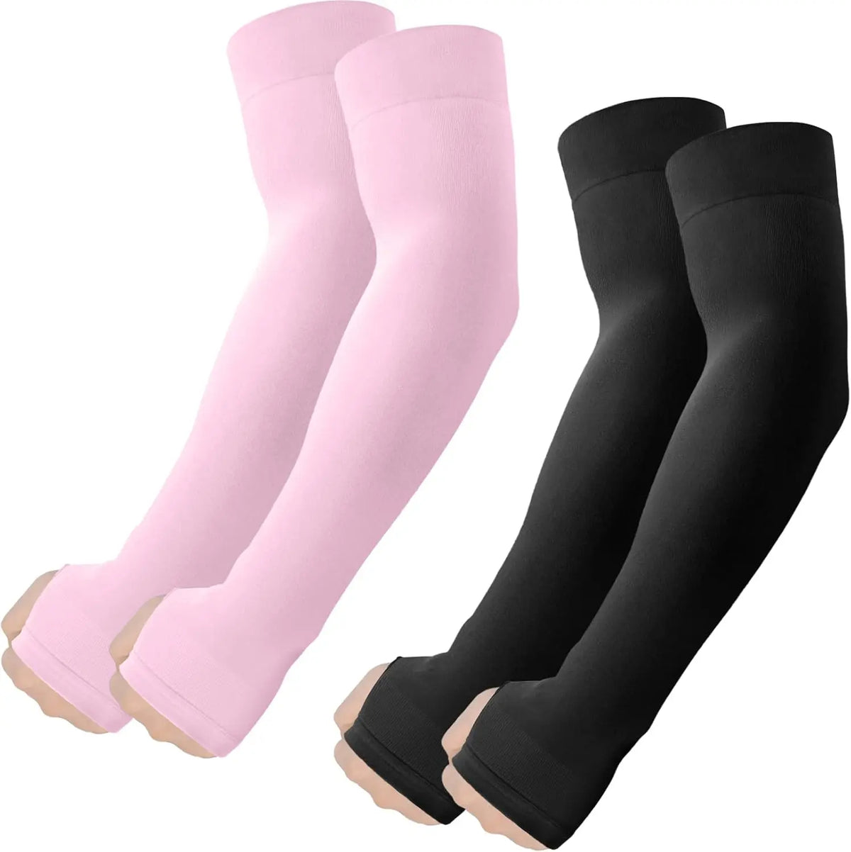 A pair of long, seamless UV protection arm sleeves in pink and black are displayed.