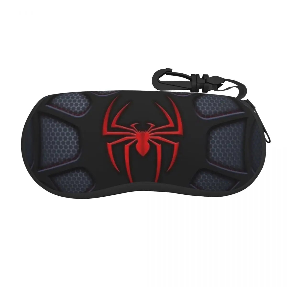 Black neoprene pouch with a red spider web design and a black strap for storing eyeglasses.