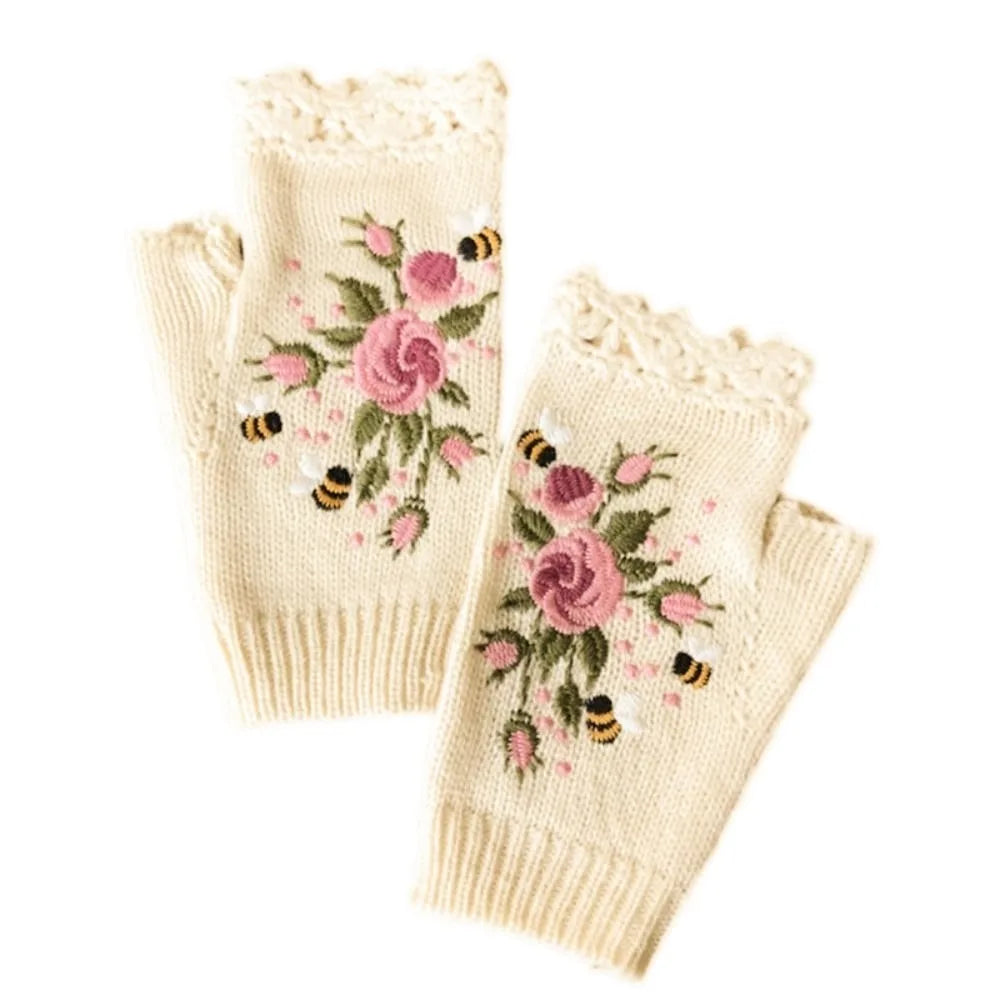 Embroidered Floral Bee Fingerless Gloves
