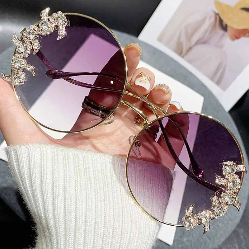 Women's Rhinestone Oversized Round Sunglasses with UV400 Protection