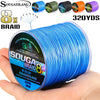 A spool of blue SOUGAIYLANG 8x braid fishing line is shown being held in a hand.