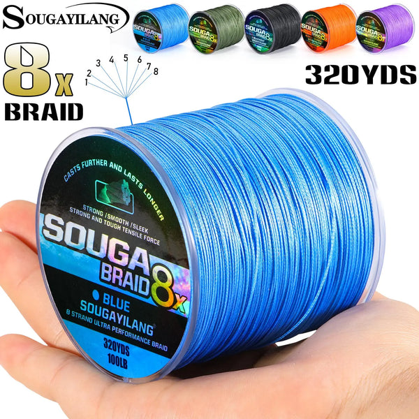 Un carrete de línea de pesca SOUGAIYLANG de 8x trenzada azul sostenido en una mano.