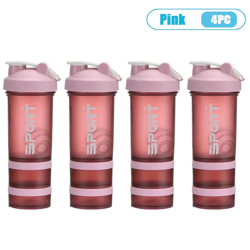 Four pink 3-layer protein shaker bottles with handles shown side by side.