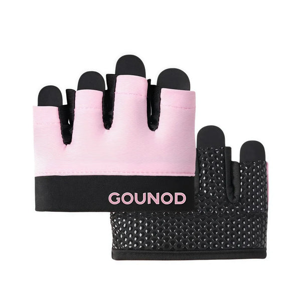 Pink half finger cycling gloves with black accents and a black sole.