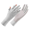 A pair of light gray UV protection ice silk driving and cycling gloves shown against a white background.