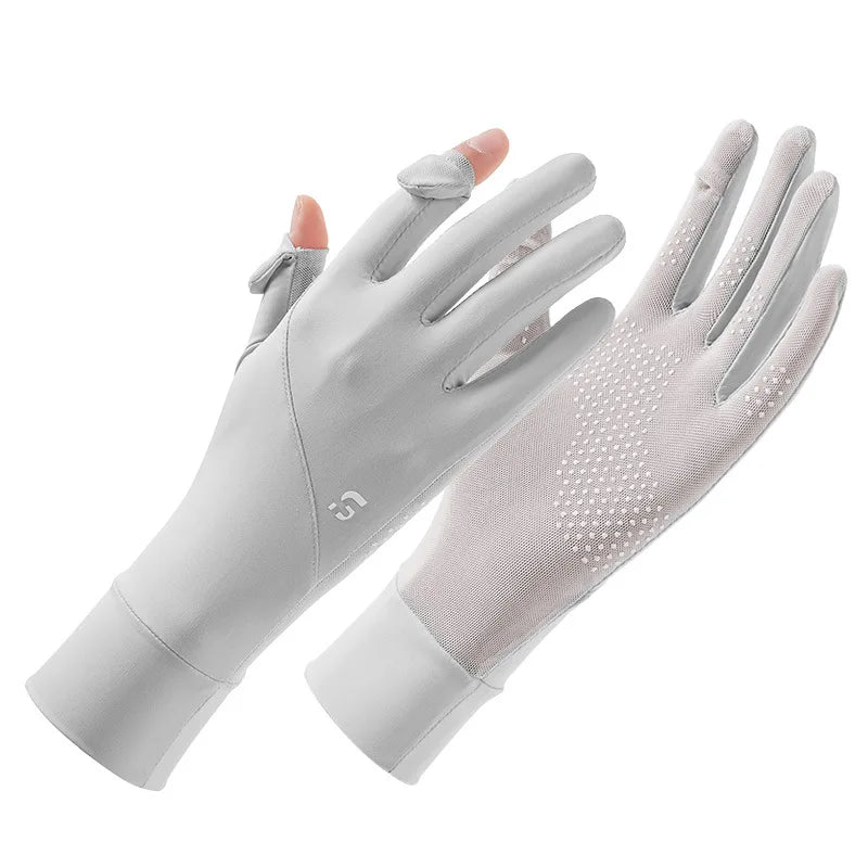 A pair of light gray UV protection ice silk driving and cycling gloves shown against a white background.