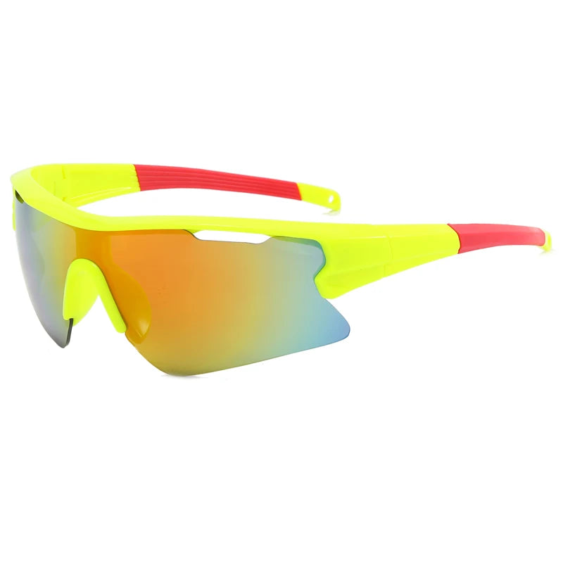 Yellow and orange sport sunglasses with red accents for cycling and outdoor activities