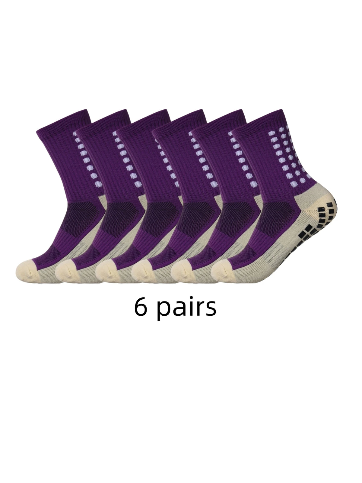 Sechs Paar lila und grau Performance-Sportsocken zur Rutschfestigkeit in einer Reihe