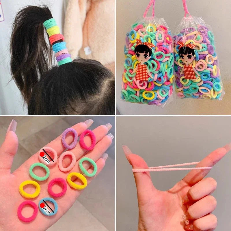 Eine Sammlung farbenfroher Nylon-Elasthebändchen in verschiedenen Formen und Farben für Pferdeschwänze und Zöpfe.