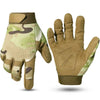 A pair of olive green tactical gloves with a camouflage pattern shown against a white background.